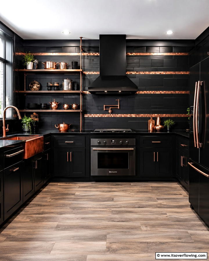 Black Backsplash with Copper Accents - 25 Black and Copper Kitchen Ideas for a Bold Look