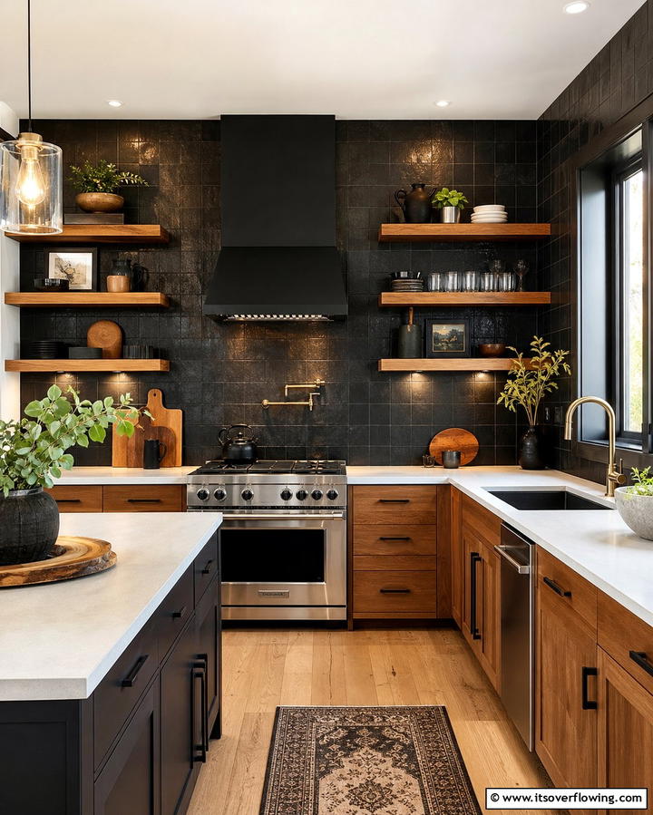 Black Backsplash with Wooden Accents - 25 Black and Brown Kitchen Ideas for a Bold Look