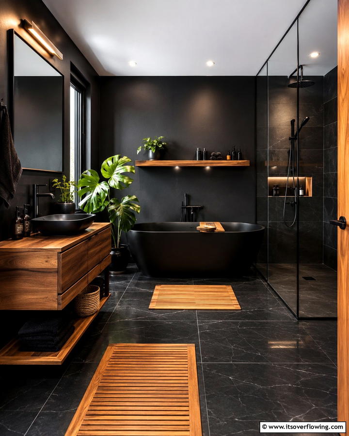 Black Bathroom with Wooden Accents - 25 Black House With Wood Accents Ideas for a Bold Design