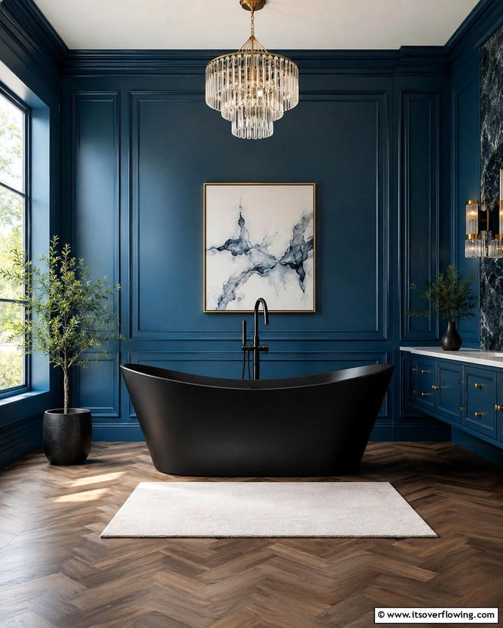 Black Bathtub with Blue Surrounding Decor - 30 Striking Black and Blue Bathroom Ideas for Dramatic Flair