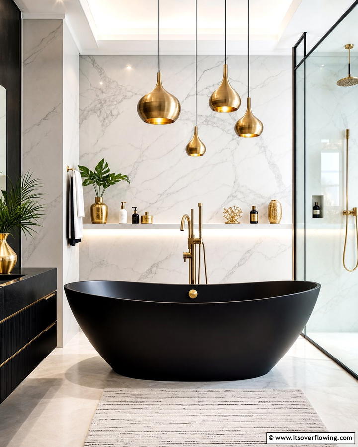 Black Bathtub with Gold Accents - 25 Black and Gold Bathroom Ideas for a Glamorous Space