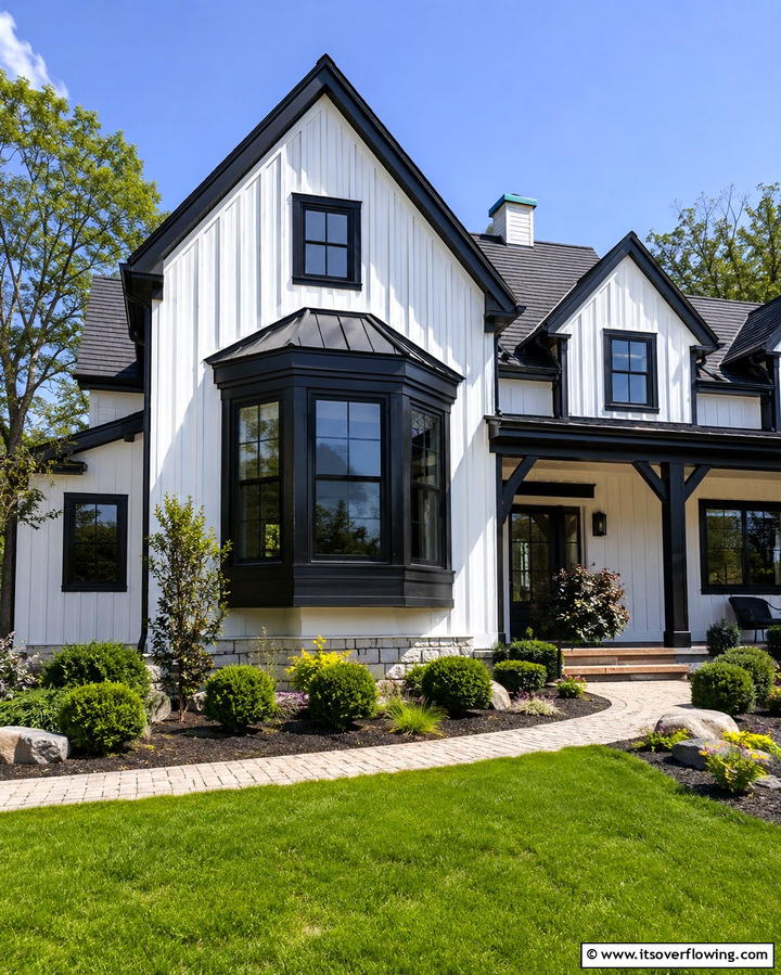 Black Bay Windows on a White Farmhouse - 25 White Farmhouse with Black Windows Ideas