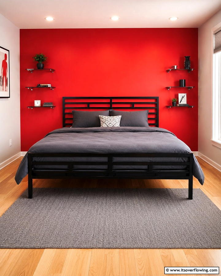 Black Bed Frame with Red Accent Wall - 25 Red and Black Bedroom Ideas for a Dramatic Look