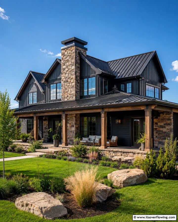 Black Board and Batten Siding with Metal Roofing - 25 Black Modern Farmhouse Exterior Design Ideas
