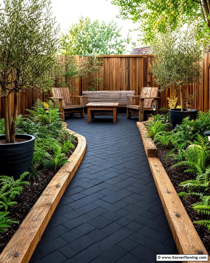 Black Brick Walkway Paired with Wooden Accents - 20 Black Brick Walkway Ideas for a Dramatic Entrance