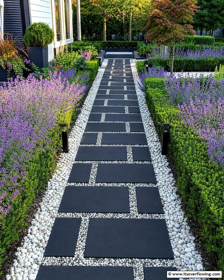 Black Brick Walkway with Decorative Gravel Fill - 20 Black Brick Walkway Ideas for a Dramatic Entrance