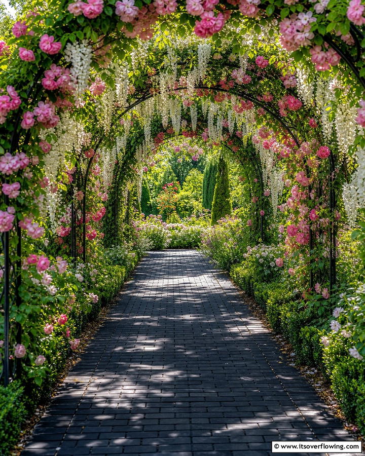Black Brick Walkway with Flowering Archways - 20 Black Brick Walkway Ideas for a Dramatic Entrance