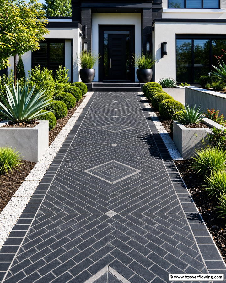 Black Brick Walkway with Geometric Patterns - 20 Black Brick Walkway Ideas for a Dramatic Entrance