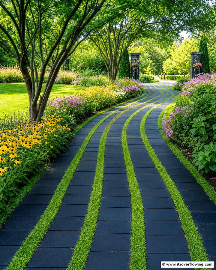 Black Brick Walkway with Grass Inlays - 20 Black Brick Walkway Ideas for a Dramatic Entrance