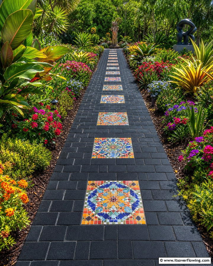 Black Brick Walkway with Mosaic Inserts - 20 Black Brick Walkway Ideas for a Dramatic Entrance