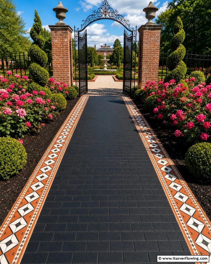 Black Brick Walkway with Patterned Edging - 20 Black Brick Walkway Ideas for a Dramatic Entrance
