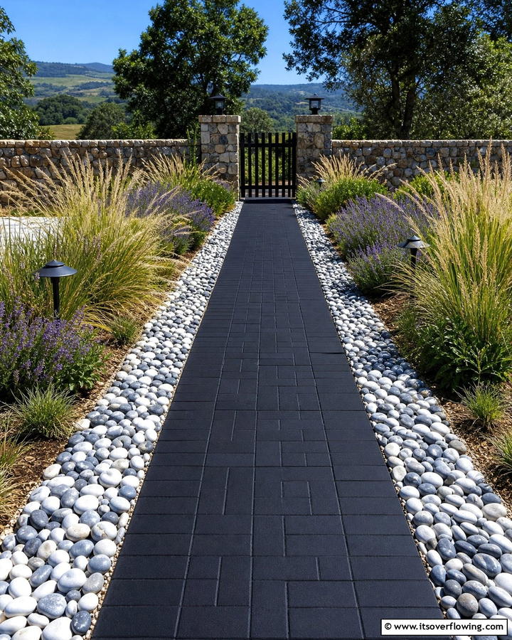 Black Brick Walkway with Pebble Borders - 20 Black Brick Walkway Ideas for a Dramatic Entrance