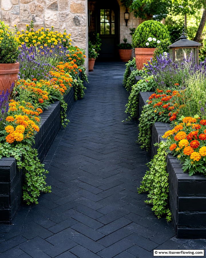 Black Brick Walkway with Planter Edges - 20 Black Brick Walkway Ideas for a Dramatic Entrance