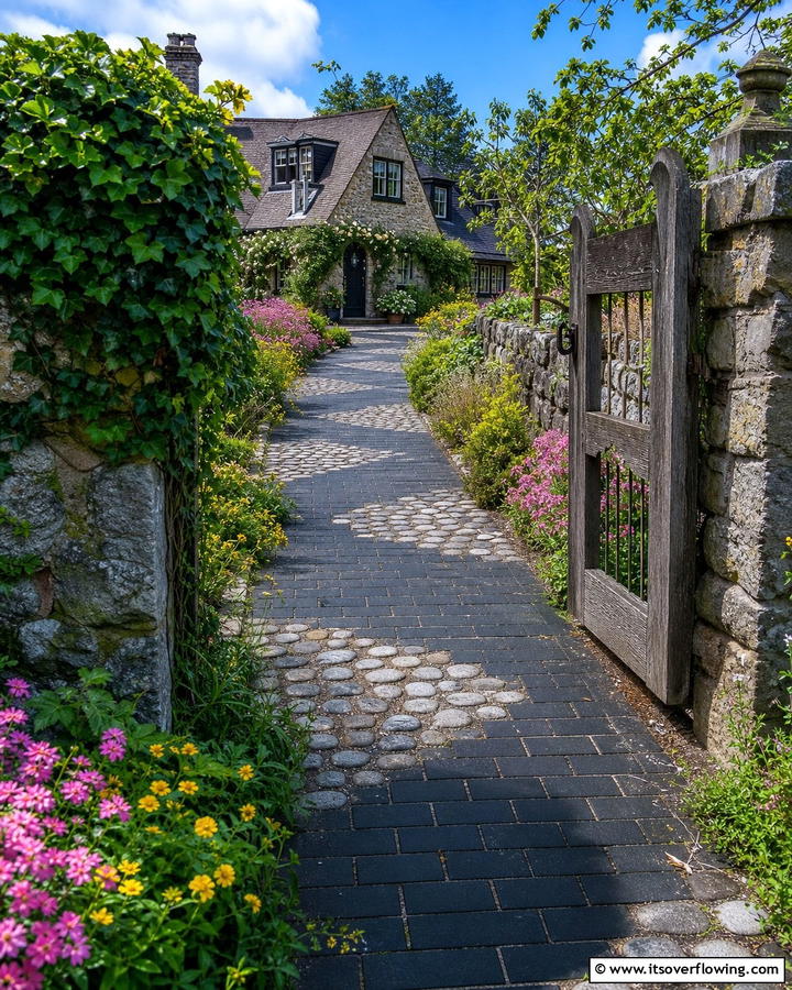 Black Brick Walkway with Rustic Cobblestone Accents - 20 Black Brick Walkway Ideas for a Dramatic Entrance