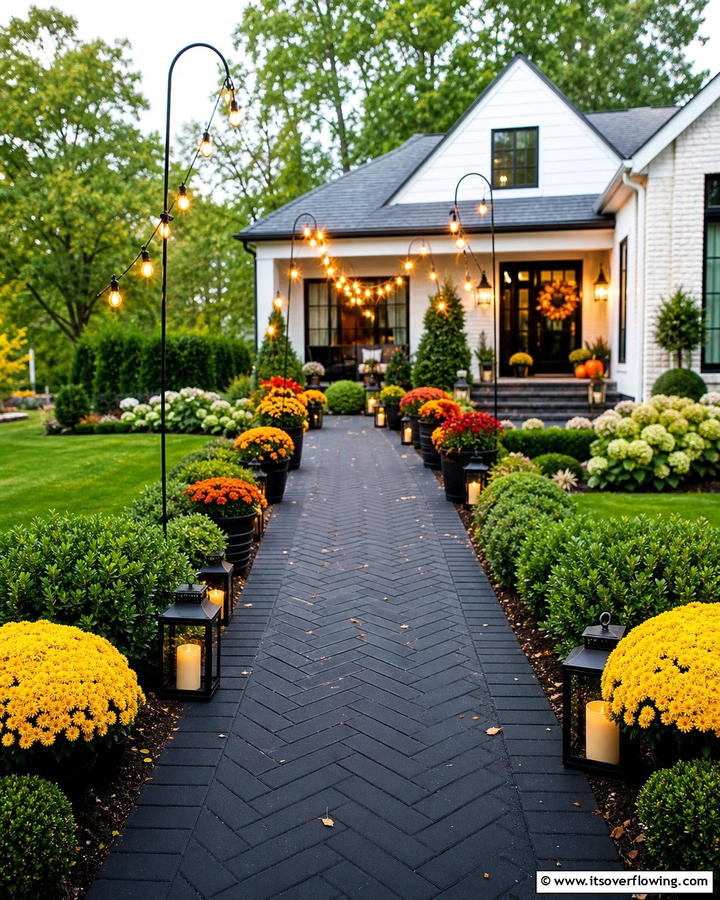 Black Brick Walkway with Seasonal Decor - 20 Black Brick Walkway Ideas for a Dramatic Entrance