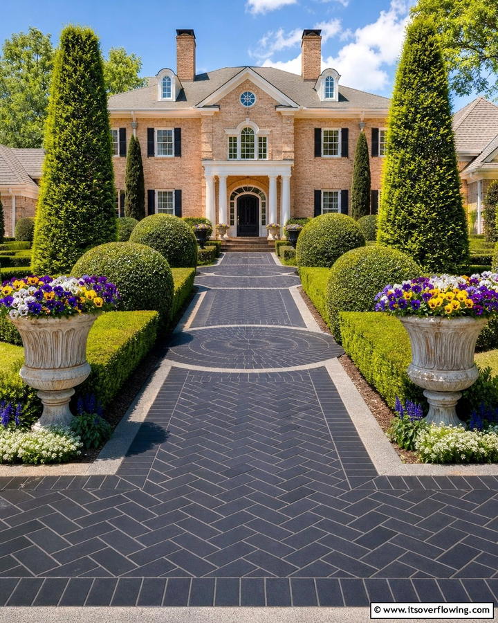 Black Brick Walkway with Symmetrical Patterns - 20 Black Brick Walkway Ideas for a Dramatic Entrance