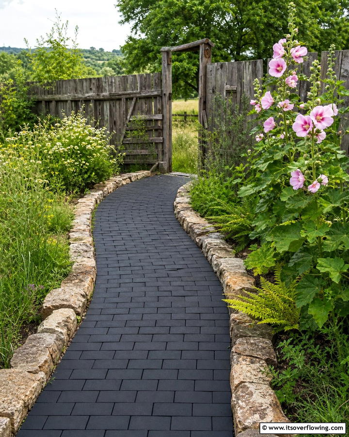 Black Brick Walkway with Textured Stone Borders - 20 Black Brick Walkway Ideas for a Dramatic Entrance