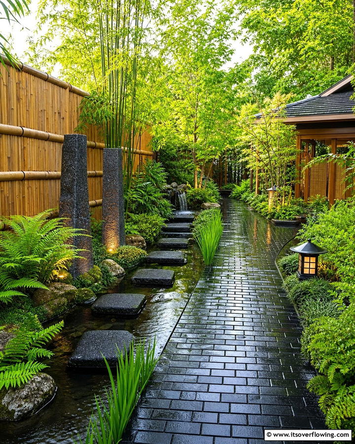 Black Brick Walkway with Water Features - 20 Black Brick Walkway Ideas for a Dramatic Entrance
