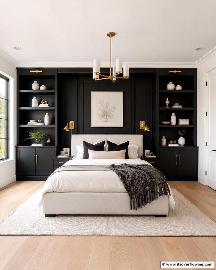 Black Built In Shelves - 25 Matte Black Bedroom Ideas for a Sleek and Modern Look
