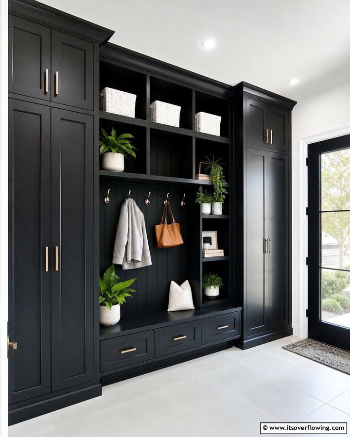 Black Built In Storage Units - 20 Black and White Entryway Design Ideas for a Chic Look