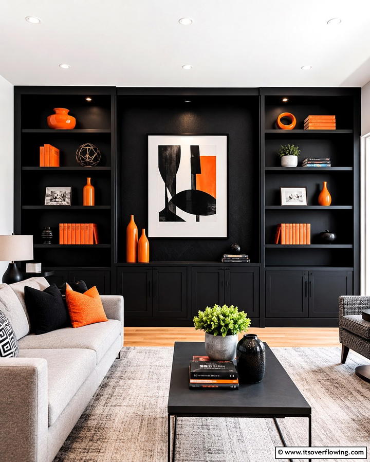 Black Built ins with Orange Accents - 25 Black and Orange Living Room Ideas for a Bold Statement