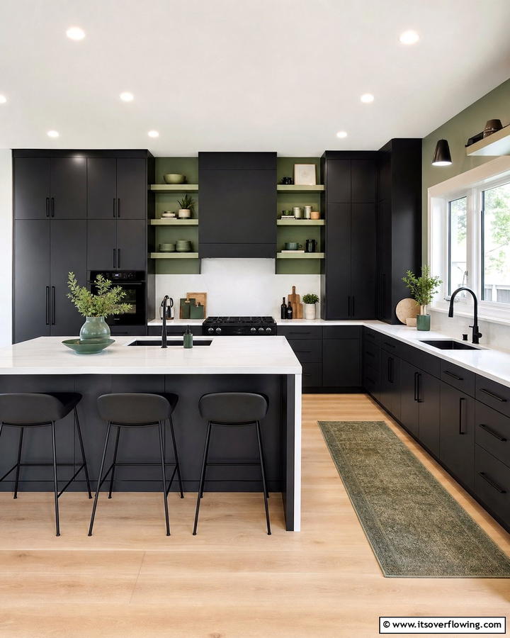 Black Cabinetry with Sage Green Accents - 20 Sage Green and Black Kitchen Ideas for a Modern Feel