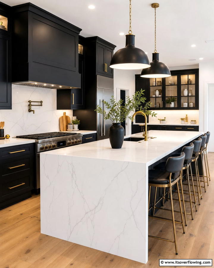 Black Cabinets With Waterfall White Countertops - 20 Black Kitchen Cabinets With White Countertops Ideas