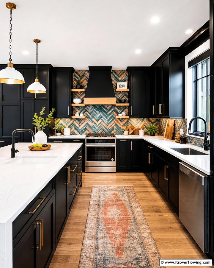 Black Cabinets With White Countertops and Bold Backsplash - 20 Black Kitchen Cabinets With White Countertops Ideas