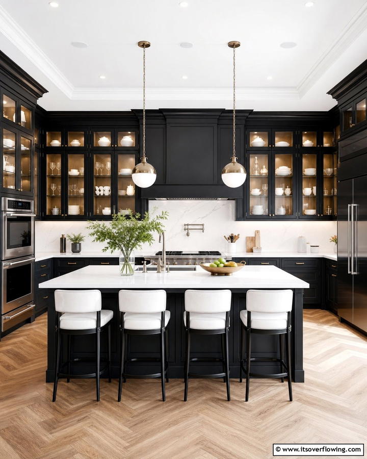 Black Cabinets With White Countertops and Glass Cabinet Doors - 20 Black Kitchen Cabinets With White Countertops Ideas