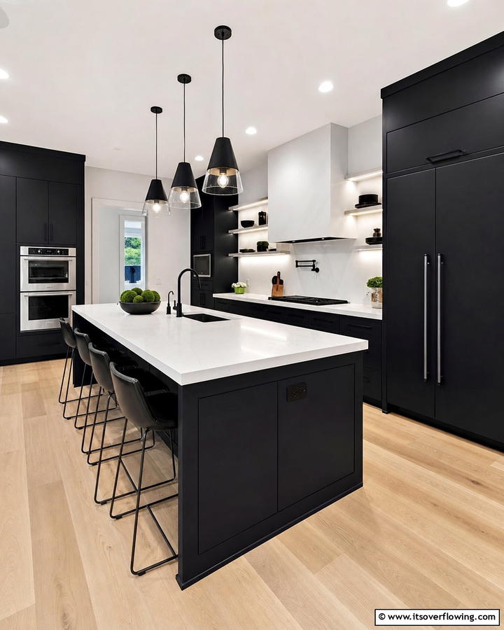 Black Cabinets With White Countertops and Integrated Appliances - 20 Black Kitchen Cabinets With White Countertops Ideas