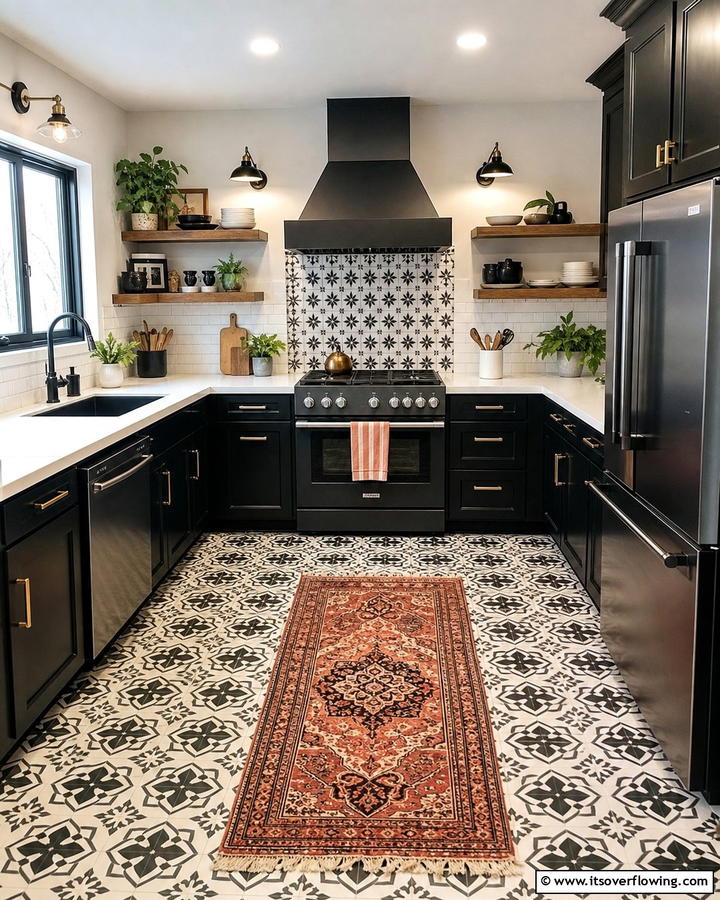 Black Cabinets With White Countertops and Patterned Flooring - 20 Black Kitchen Cabinets With White Countertops Ideas