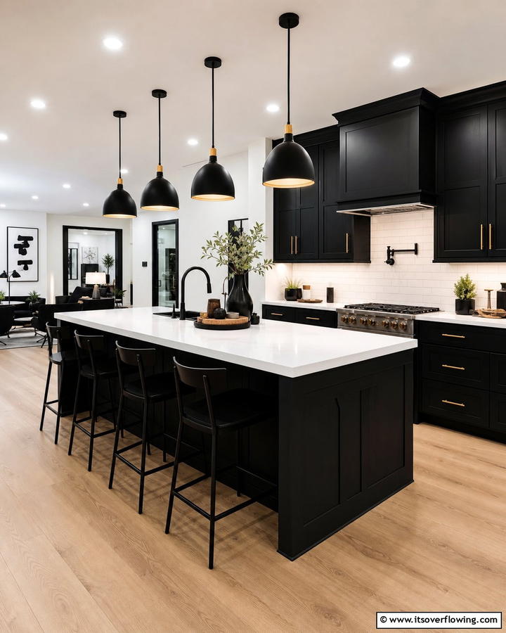 Black Cabinets With White Countertops and Pendant Lighting - 20 Black Kitchen Cabinets With White Countertops Ideas