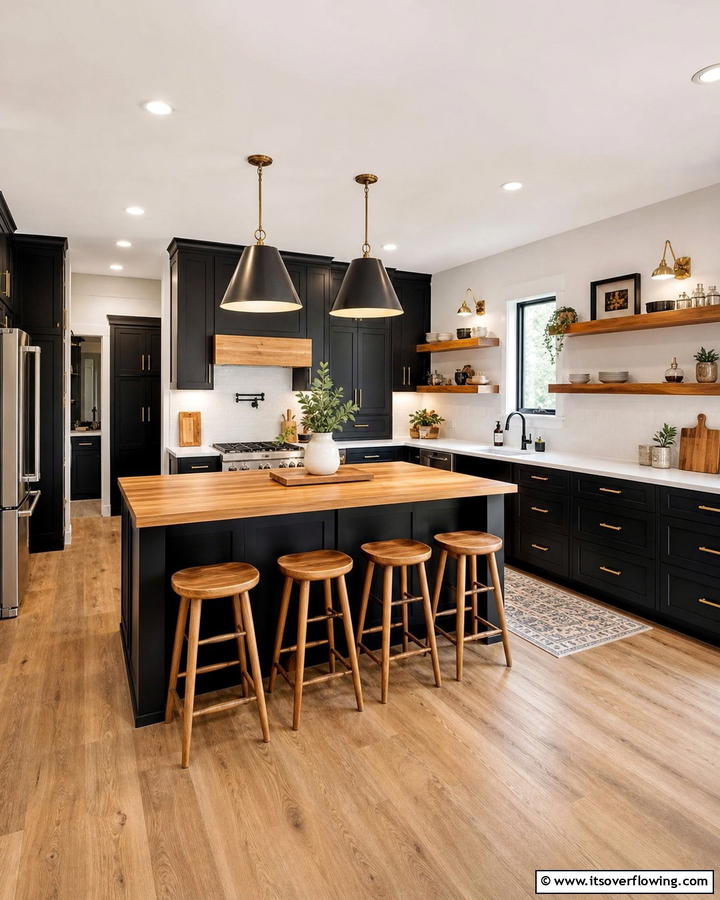 Black Cabinets With White Countertops and Wood Accents - 20 Black Kitchen Cabinets With White Countertops Ideas