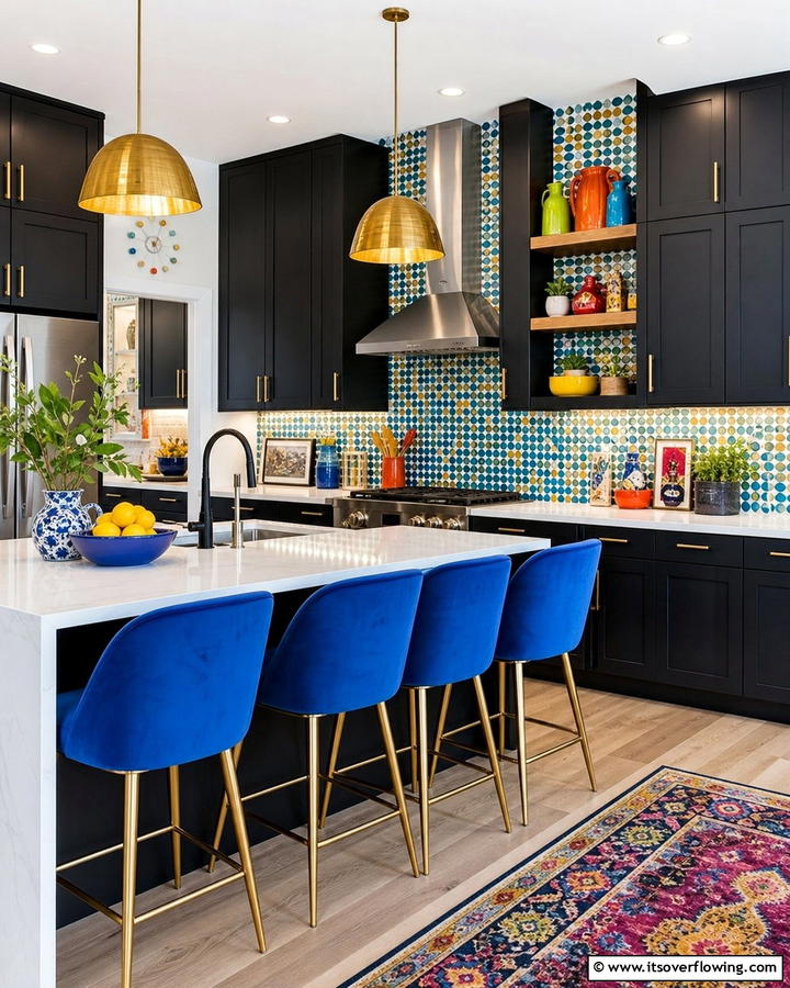 Black Cabinets With White Countertops and a Pop of Color - 20 Black Kitchen Cabinets With White Countertops Ideas