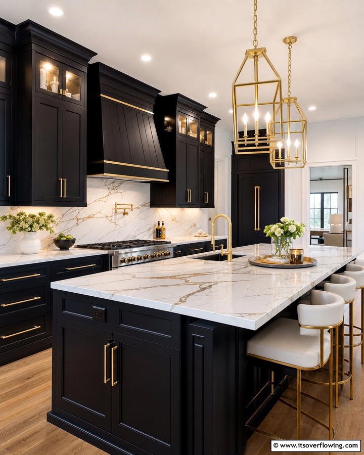Black Cabinets With White Quartzite Countertops and Gold Accents - 20 Black Kitchen Cabinets With White Countertops Ideas