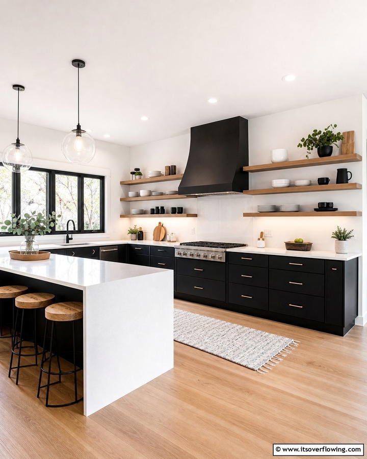 Black Cabinets With White Solid Surface Countertops and Open Shelving - 20 Black Kitchen Cabinets With White Countertops Ideas