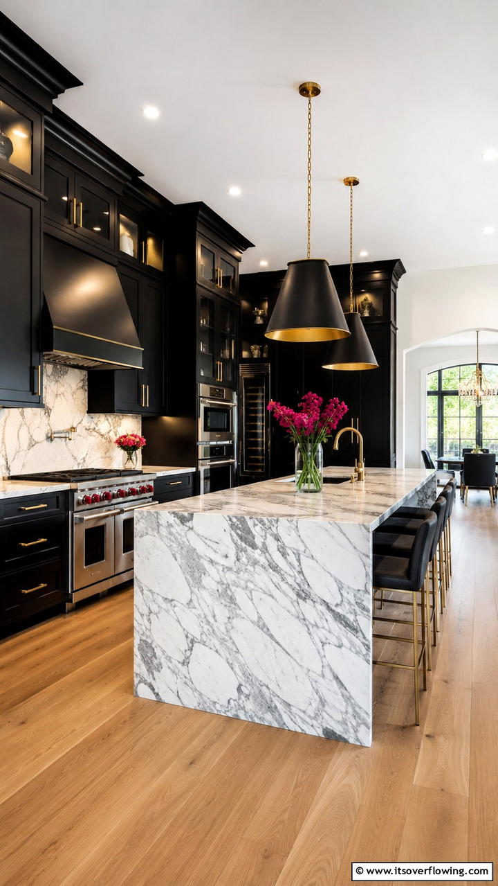 Black Cabinets with Brass Accents - 30 Black Kitchen Cabinet Ideas for Bold Modern Spaces