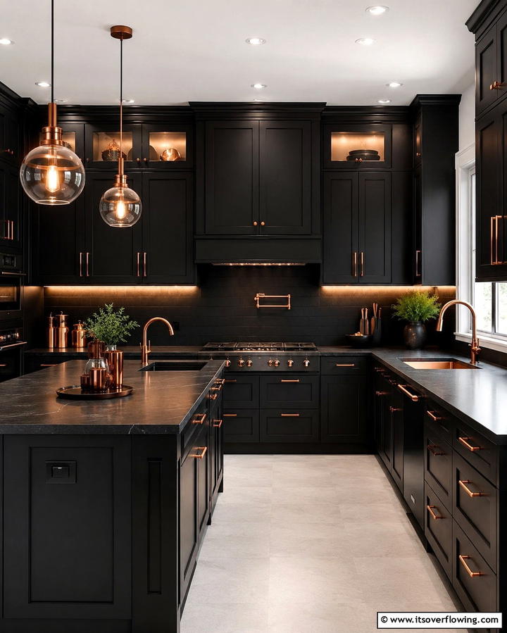 Black Cabinets with Copper Hardware Accents - 25 Black and Copper Kitchen Ideas for a Bold Look