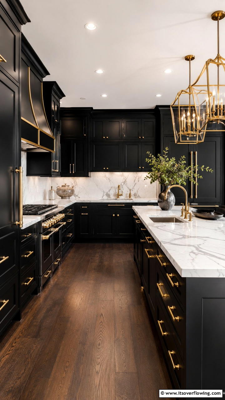 Black Cabinets with Gold Hardware - 30 Black Kitchen Cabinet Ideas for Bold Modern Spaces
