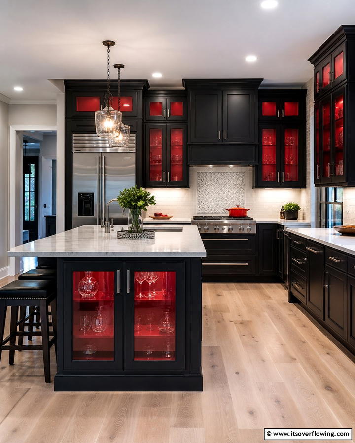 Black Cabinets with Red Glass Inserts - 25 Red and Black Kitchen Ideas for a Bold Look