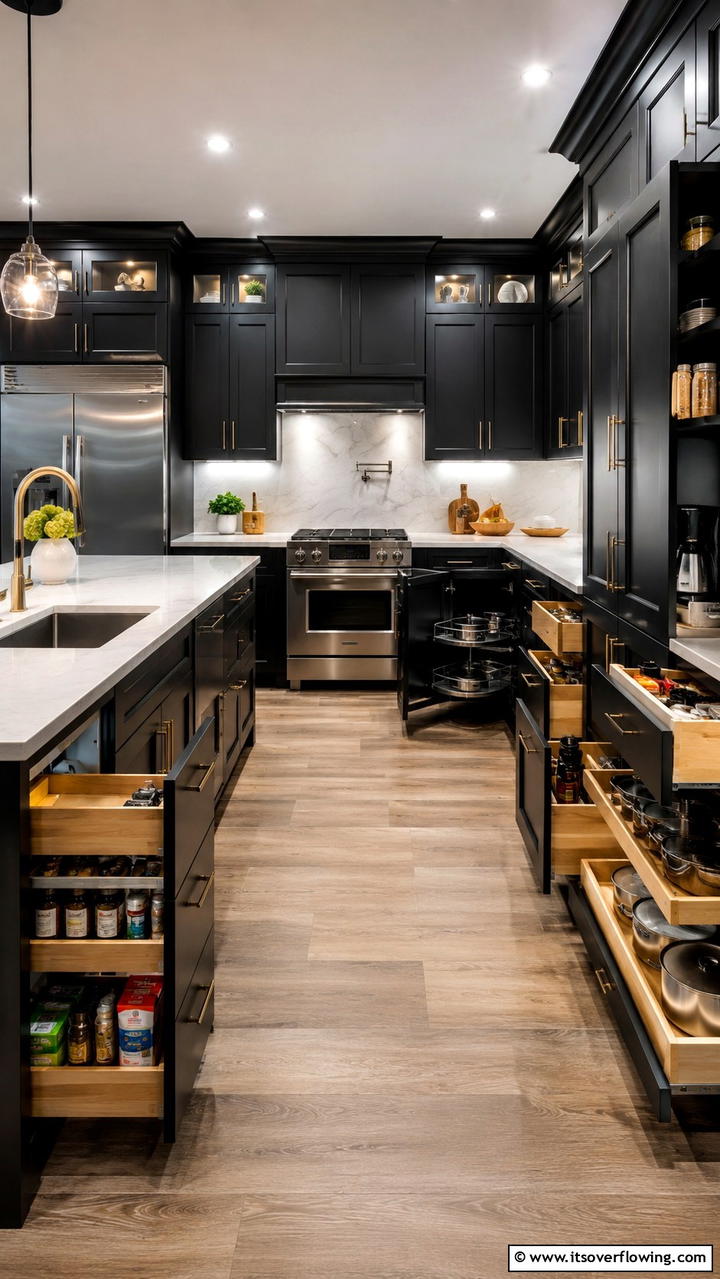 Black Cabinets with Smart Storage Solutions - 30 Black Kitchen Cabinet Ideas for Bold Modern Spaces