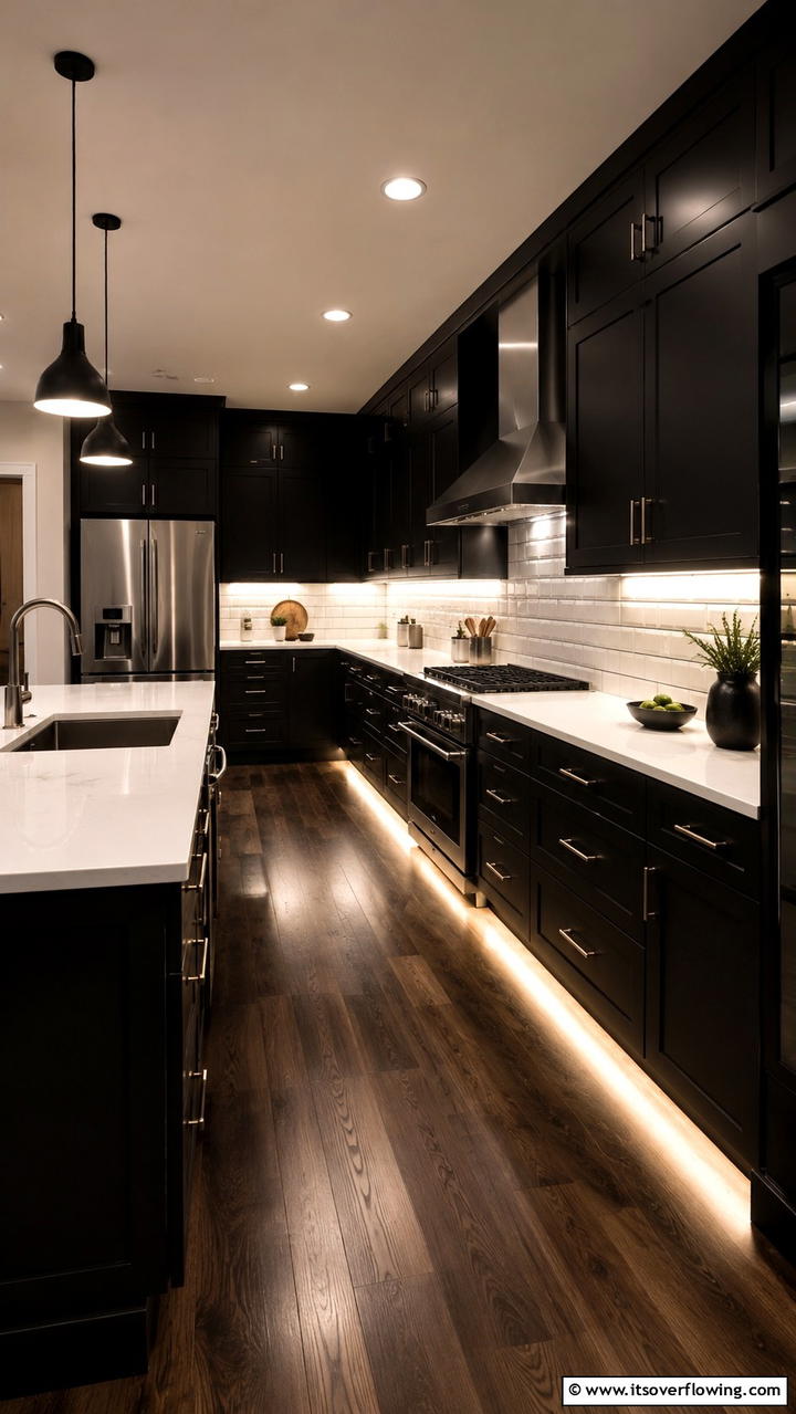 Black Cabinets with Under Cabinet Lighting - 30 Black Kitchen Cabinet Ideas for Bold Modern Spaces