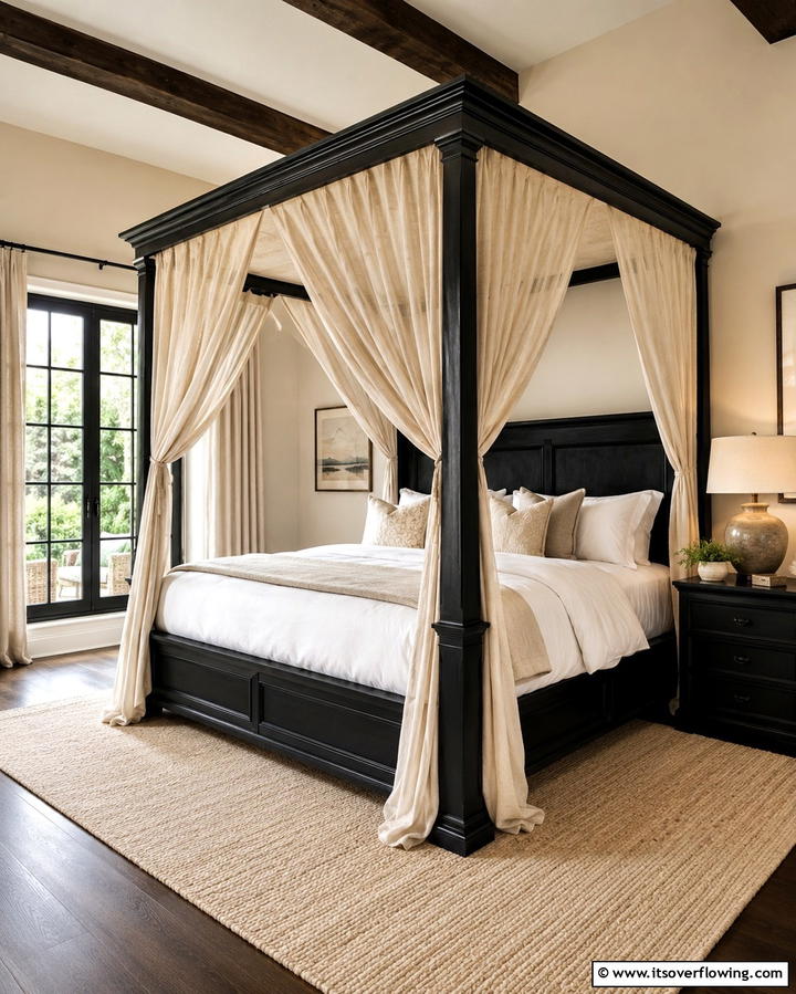 Black Canopy Bed with Beige Drapes - 25 Elegant Black and Beige Bedroom Design Ideas