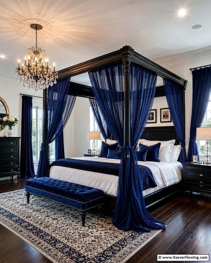 Black Canopy Bed with Blue Drapes - 25 Black and Blue Bedroom Ideas for a Bold Statement
