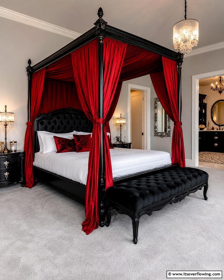 Black Canopy Bed with Red DrapesExact - 25 Red and Black Bedroom Ideas for a Dramatic Look
