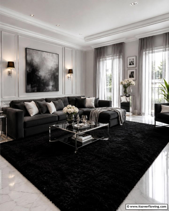 Black Carpet in a Monochromatic Theme - 25 Black Carpet Living Room Ideas for a Cozy Atmosphere