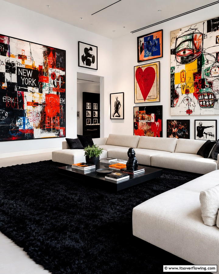 Black Carpet with Bold ArtworkOne - 25 Black Carpet Living Room Ideas for a Cozy Atmosphere