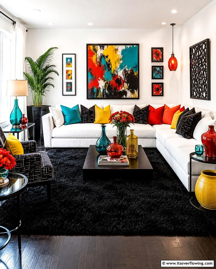 Black Carpet with Colorful Accessories - 25 Black Carpet Living Room Ideas for a Cozy Atmosphere