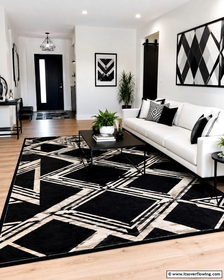 Black Carpet with Geometric Patterns - 25 Black Carpet Living Room Ideas for a Cozy Atmosphere