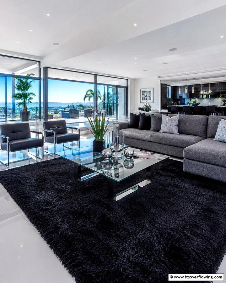 Black Carpet with Glass Top Tables - 25 Black Carpet Living Room Ideas for a Cozy Atmosphere